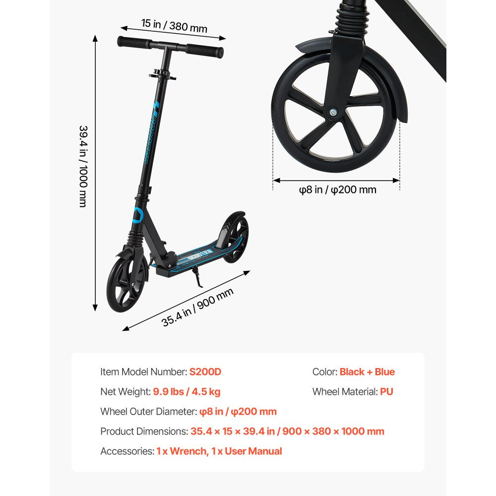 VEVOR Kick Scooter for Kids Ages 8+, Teens & Adults, 2-Wheel Toddler Scooter with Adjustable Height Handlebar, Wide Anti-Slip Deck, Foldable Lightweight for Boys & Girls up to 220 lbs, Black + Blue