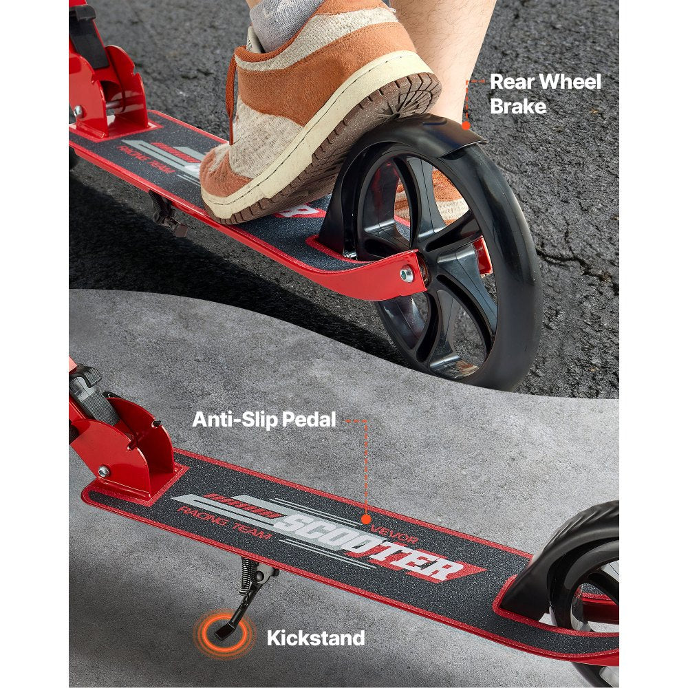 VEVOR Kick Scooter for Kids Ages 8+, Teens & Adults, 2-Wheel Toddler Scooter with Adjustable Height Handlebar, Wide Anti-Slip Deck, Foldable Lightweight for Boys & Girls up to 220 lbs, Red + Black
