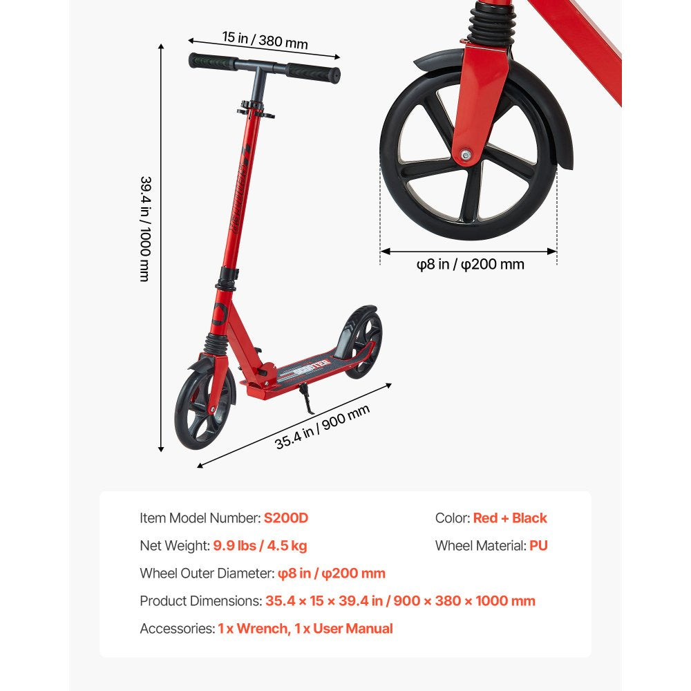 VEVOR Kick Scooter for Kids Ages 8+, Teens & Adults, 2-Wheel Toddler Scooter with Adjustable Height Handlebar, Wide Anti-Slip Deck, Foldable Lightweight for Boys & Girls up to 220 lbs, Red + Black