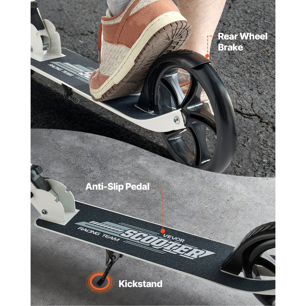 VEVOR Kick Scooter for Kids Ages 8+, Teens & Adults, 2-Wheel Toddler Scooter with Adjustable Height Handlebar, Wide Anti-Slip Deck, Foldable Lightweight for Boys & Girls up to 220 lbs, White + Black