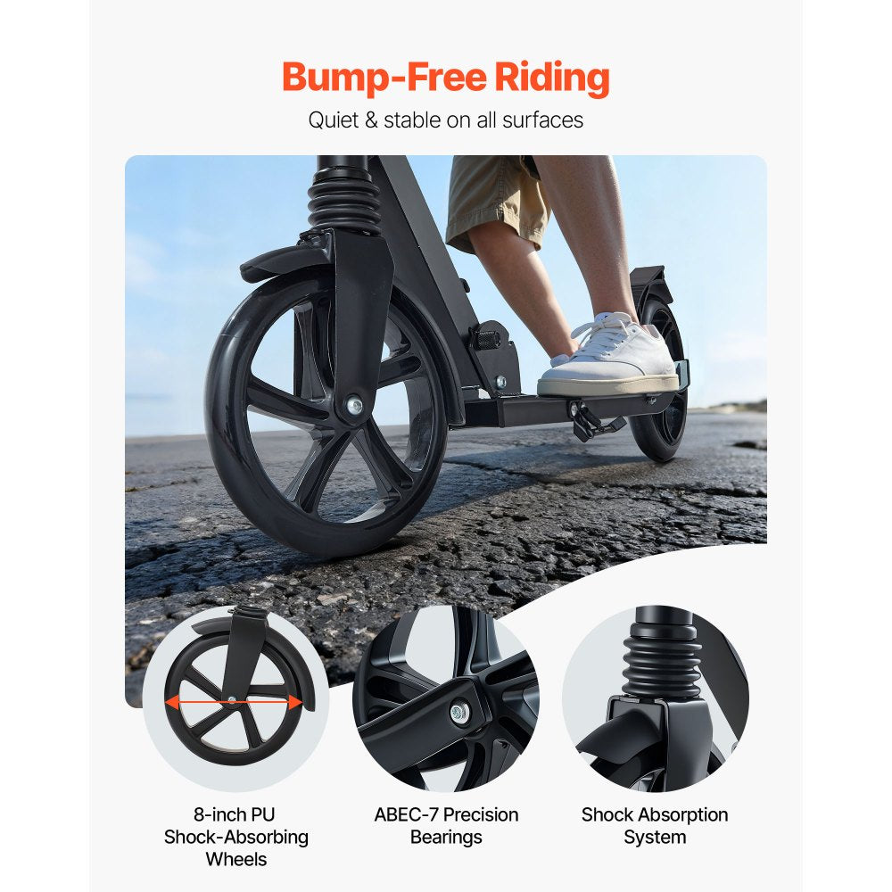 VEVOR Kick Scooter for Kids Ages 8+, Teens & Adults, 2-Wheel Toddler Scooter with Adjustable Height Handlebar, Wide Anti-Slip Deck, Foldable Lightweight Frame for Boys & Girls up to 220 lbs, Black