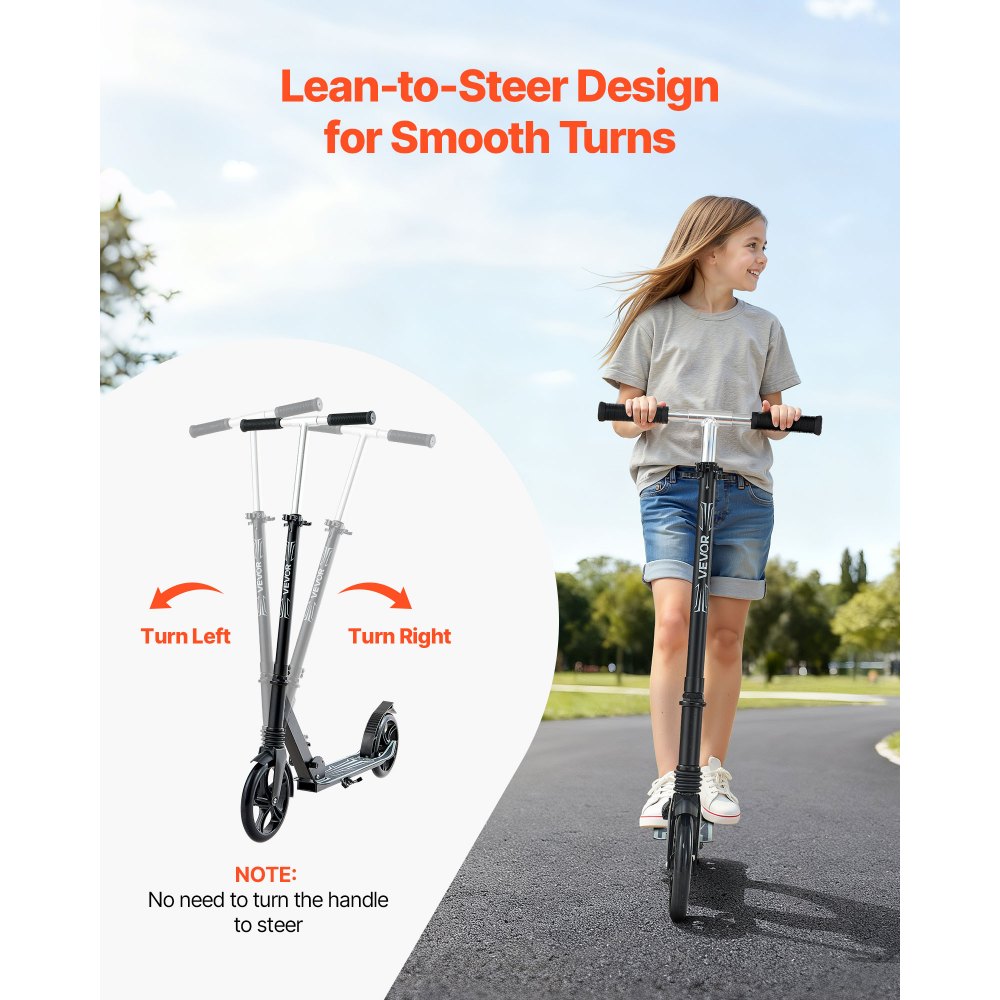 VEVOR Kick Scooter for Kids Ages 8+, Teens & Adults, 2-Wheel Toddler Scooter with Adjustable Height Handlebar, Wide Anti-Slip Deck, Foldable Lightweight Frame for Boys & Girls up to 220 lbs, Black