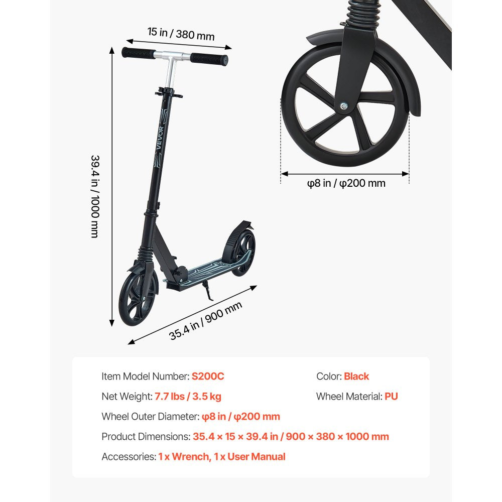VEVOR Kick Scooter for Kids Ages 8+, Teens & Adults, 2-Wheel Toddler Scooter with Adjustable Height Handlebar, Wide Anti-Slip Deck, Foldable Lightweight Frame for Boys & Girls up to 220 lbs, Black