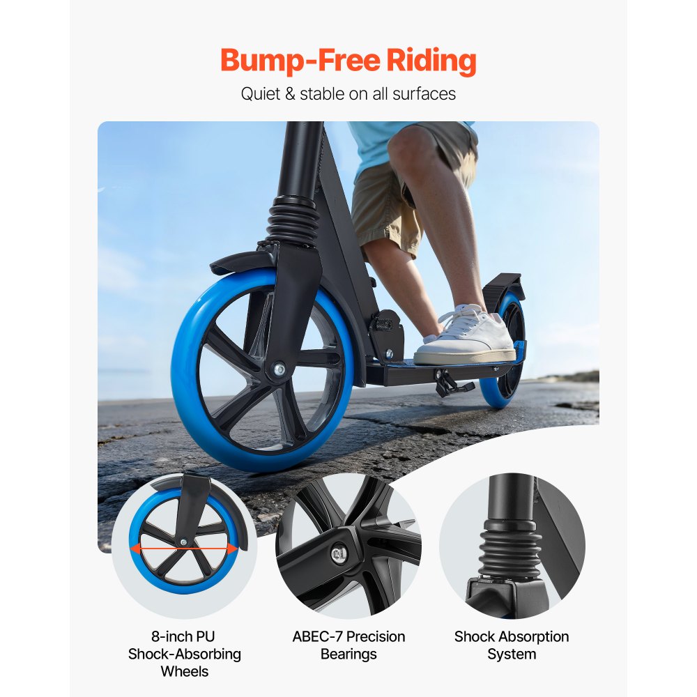VEVOR Kick Scooter for Kids Ages 8+, Teens & Adults, 2-Wheel Toddler Scooter with Adjustable Height Handlebar, Wide Anti-Slip Deck, Foldable Lightweight Frame for Boys & Girls up to 220 lbs, Blue