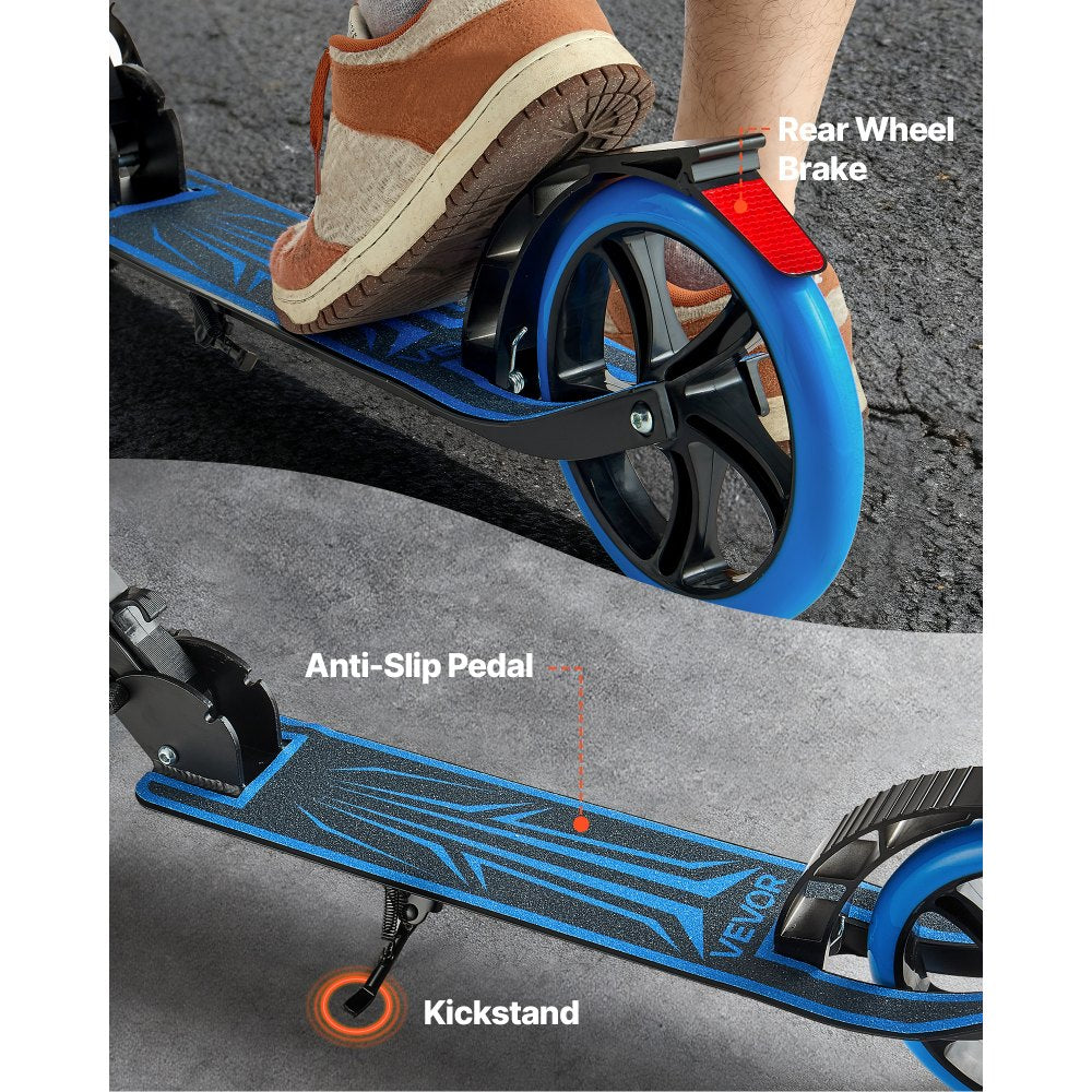 VEVOR Kick Scooter for Kids Ages 8+, Teens & Adults, 2-Wheel Toddler Scooter with Adjustable Height Handlebar, Wide Anti-Slip Deck, Foldable Lightweight Frame for Boys & Girls up to 220 lbs, Blue