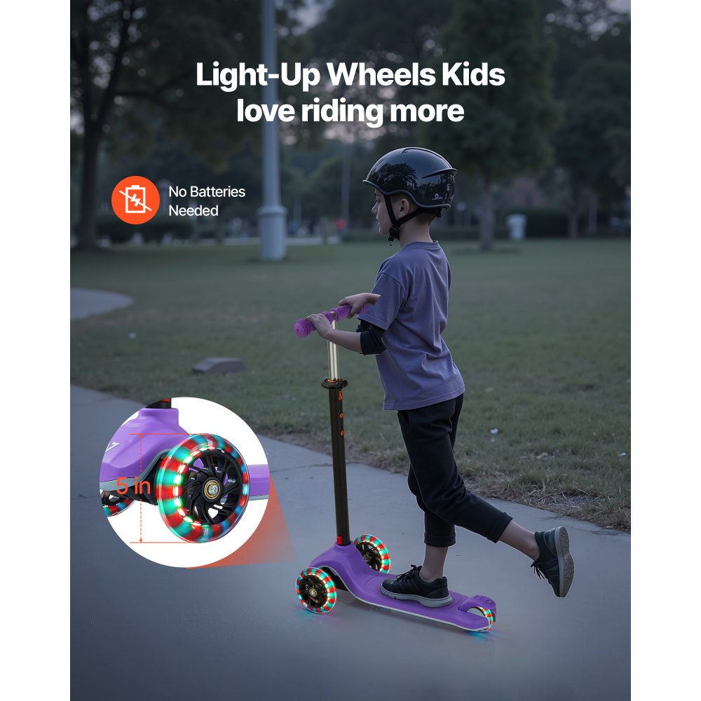 VEVOR Kick Scooter for Kids Ages 3+, 3-Wheel Toddler Scooter with Light-Up Wheels, Adjustable Height Handlebar, Wide Anti-Slip Deck, Lightweight Aluminum Frame for Boys & Girls up to 165 lbs, Purple