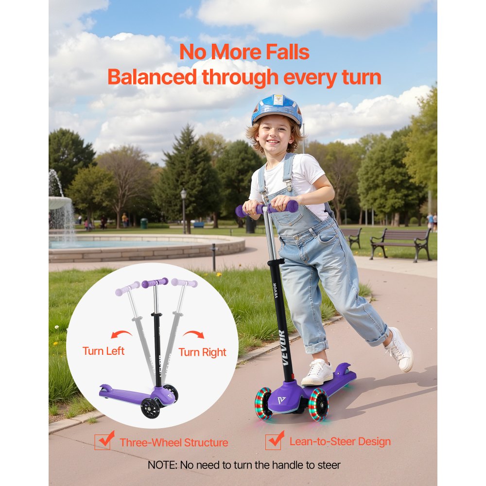 VEVOR Kick Scooter for Kids Ages 3+, 3-Wheel Toddler Scooter with Light-Up Wheels, Adjustable Height Handlebar, Wide Anti-Slip Deck, Lightweight Aluminum Frame for Boys & Girls up to 165 lbs, Purple