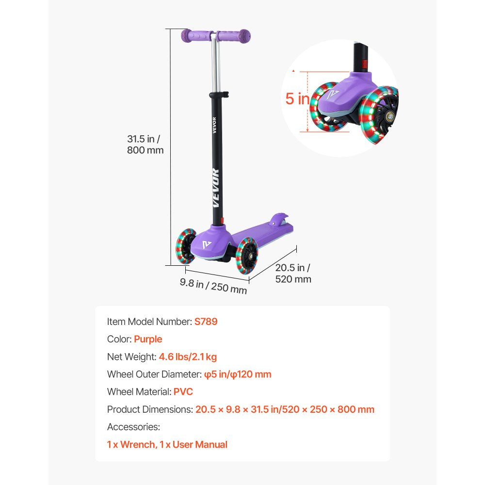 VEVOR Kick Scooter for Kids Ages 3+, 3-Wheel Toddler Scooter with Light-Up Wheels, Adjustable Height Handlebar, Wide Anti-Slip Deck, Lightweight Aluminum Frame for Boys & Girls up to 165 lbs, Purple