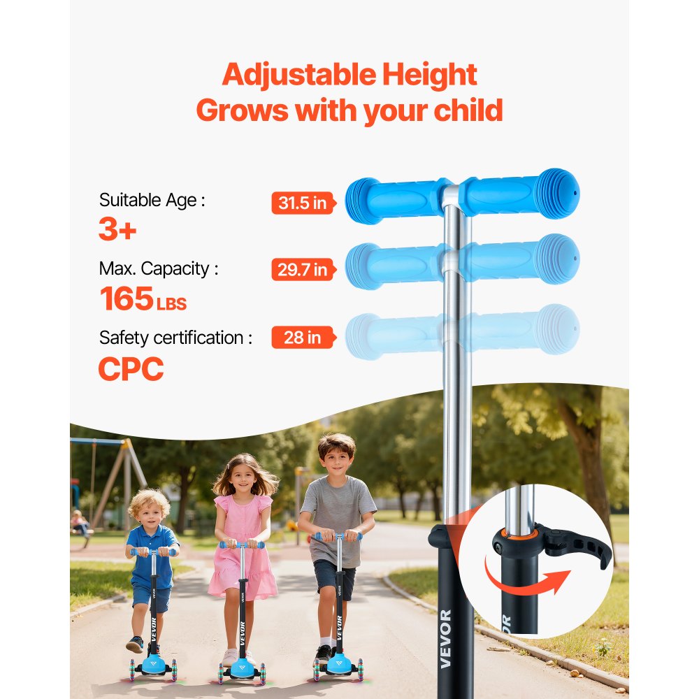VEVOR Kick Scooter for Kids Ages 3+, 3-Wheel Toddler Scooter with Light-Up Wheels, Adjustable Height Handlebar, Wide Anti-Slip Deck, Lightweight Aluminum Frame for Boys & Girls up to 165 lbs, Blue