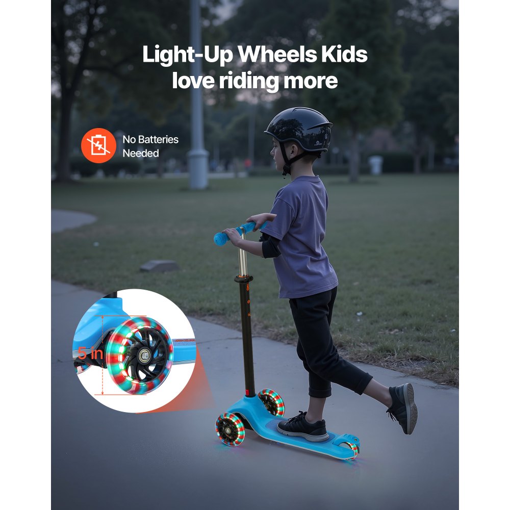 VEVOR Kick Scooter for Kids Ages 3+, 3-Wheel Toddler Scooter with Light-Up Wheels, Adjustable Height Handlebar, Wide Anti-Slip Deck, Lightweight Aluminum Frame for Boys & Girls up to 165 lbs, Blue