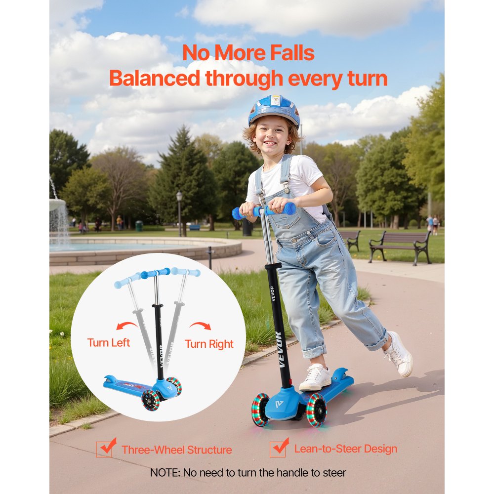 VEVOR Kick Scooter for Kids Ages 3+, 3-Wheel Toddler Scooter with Light-Up Wheels, Adjustable Height Handlebar, Wide Anti-Slip Deck, Lightweight Aluminum Frame for Boys & Girls up to 165 lbs, Blue