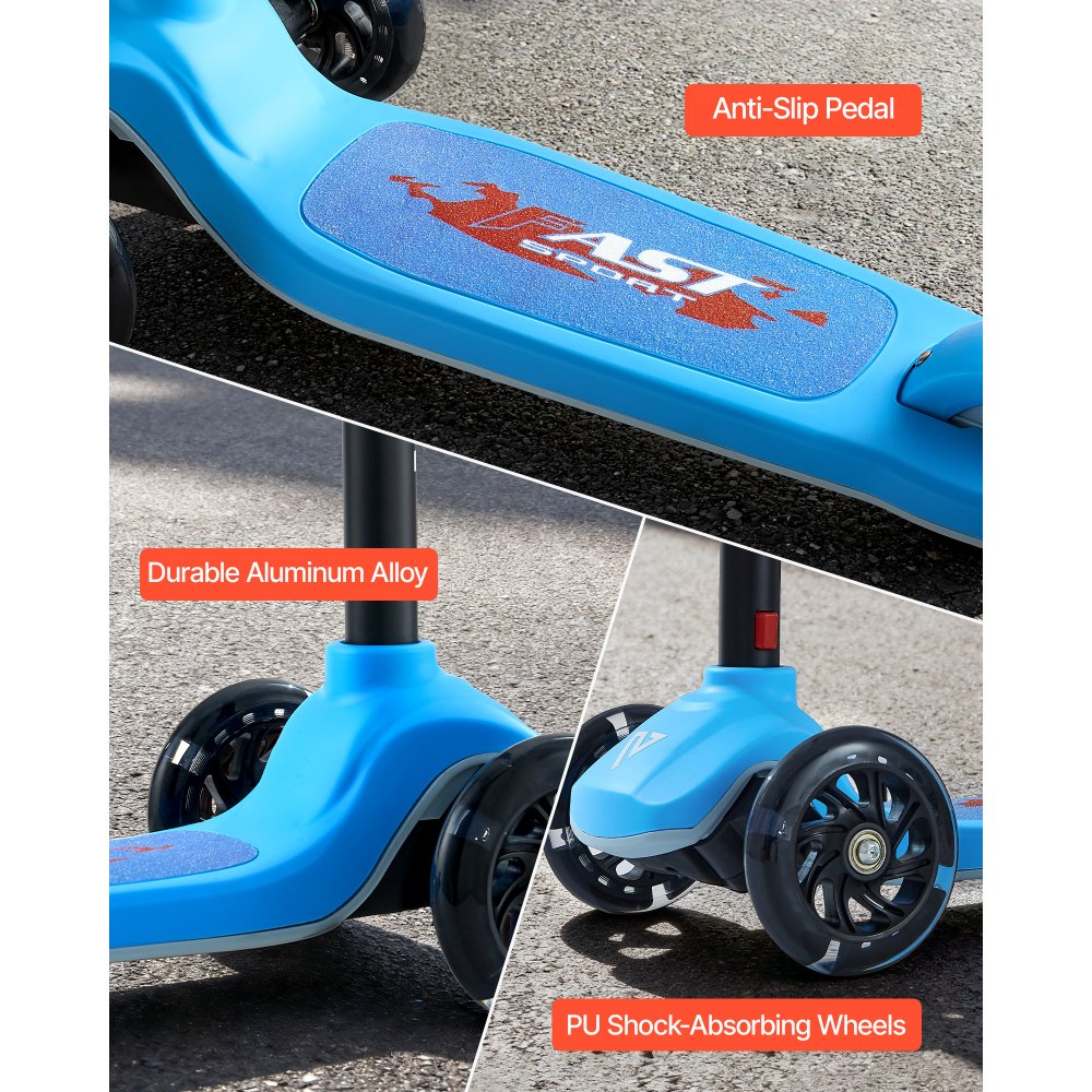 VEVOR Kick Scooter for Kids Ages 3+, 3-Wheel Toddler Scooter with Light-Up Wheels, Adjustable Height Handlebar, Wide Anti-Slip Deck, Lightweight Aluminum Frame for Boys & Girls up to 165 lbs, Blue