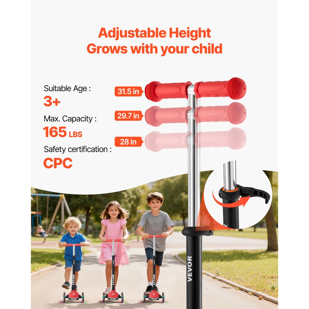 VEVOR Kick Scooter for Kids Ages 3+, 3-Wheel Toddler Scooter with Light-Up Wheels, Adjustable Height Handlebar, Wide Anti-Slip Deck, Lightweight Aluminum Frame for Boys & Girls up to 165 lbs, Red