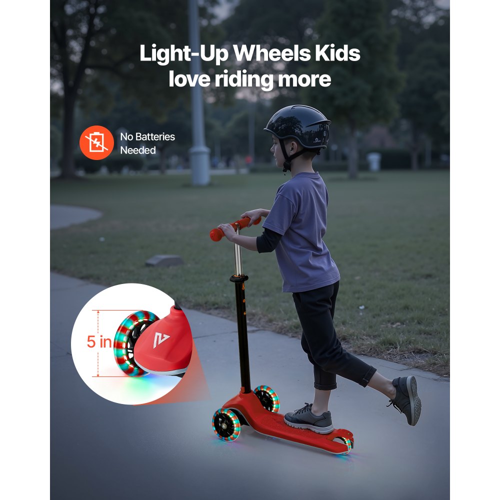VEVOR Kick Scooter for Kids Ages 3+, 3-Wheel Toddler Scooter with Light-Up Wheels, Adjustable Height Handlebar, Wide Anti-Slip Deck, Lightweight Aluminum Frame for Boys & Girls up to 165 lbs, Red