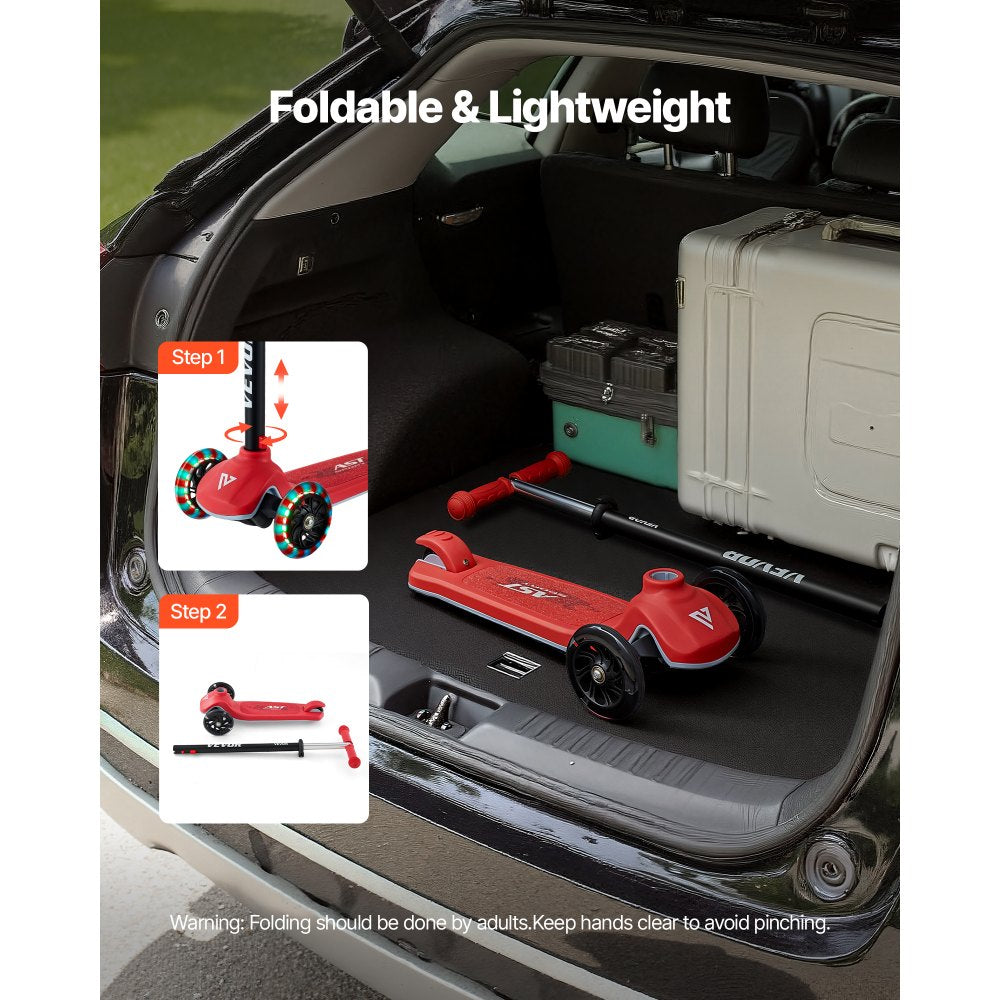 VEVOR Kick Scooter for Kids Ages 3+, 3-Wheel Toddler Scooter with Light-Up Wheels, Adjustable Height Handlebar, Wide Anti-Slip Deck, Lightweight Aluminum Frame for Boys & Girls up to 165 lbs, Red