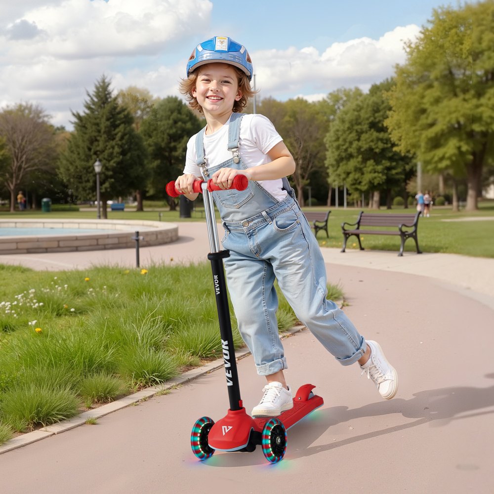 VEVOR Kick Scooter for Kids Ages 3+, 3-Wheel Toddler Scooter with Light-Up Wheels, Adjustable Height Handlebar, Wide Anti-Slip Deck, Lightweight Aluminum Frame for Boys & Girls up to 165 lbs, Red