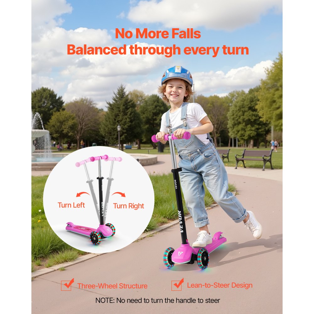 VEVOR Kick Scooter for Kids Ages 3+, 3-Wheel Toddler Scooter with Light-Up Wheels, Adjustable Height Handlebar, Wide Anti-Slip Deck, Lightweight Aluminum Frame for Boys & Girls up to 165 lbs, Pink