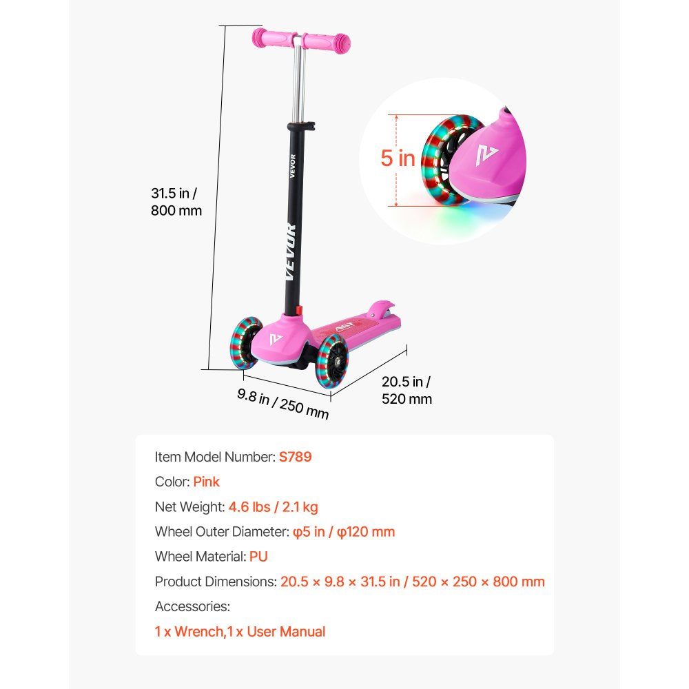 VEVOR Kick Scooter for Kids Ages 3+, 3-Wheel Toddler Scooter with Light-Up Wheels, Adjustable Height Handlebar, Wide Anti-Slip Deck, Lightweight Aluminum Frame for Boys & Girls up to 165 lbs, Pink