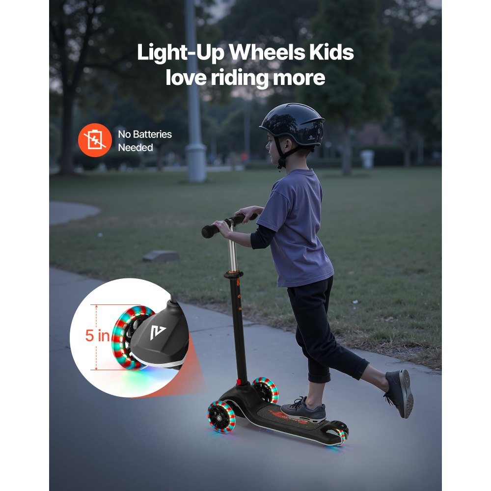 VEVOR Kick Scooter for Kids Ages 3+, 3-Wheel Toddler Scooter with Light-Up Wheels, Adjustable Height Handlebar, Wide Anti-Slip Deck, Lightweight Aluminum Frame for Boys & Girls up to 165 lbs, Black