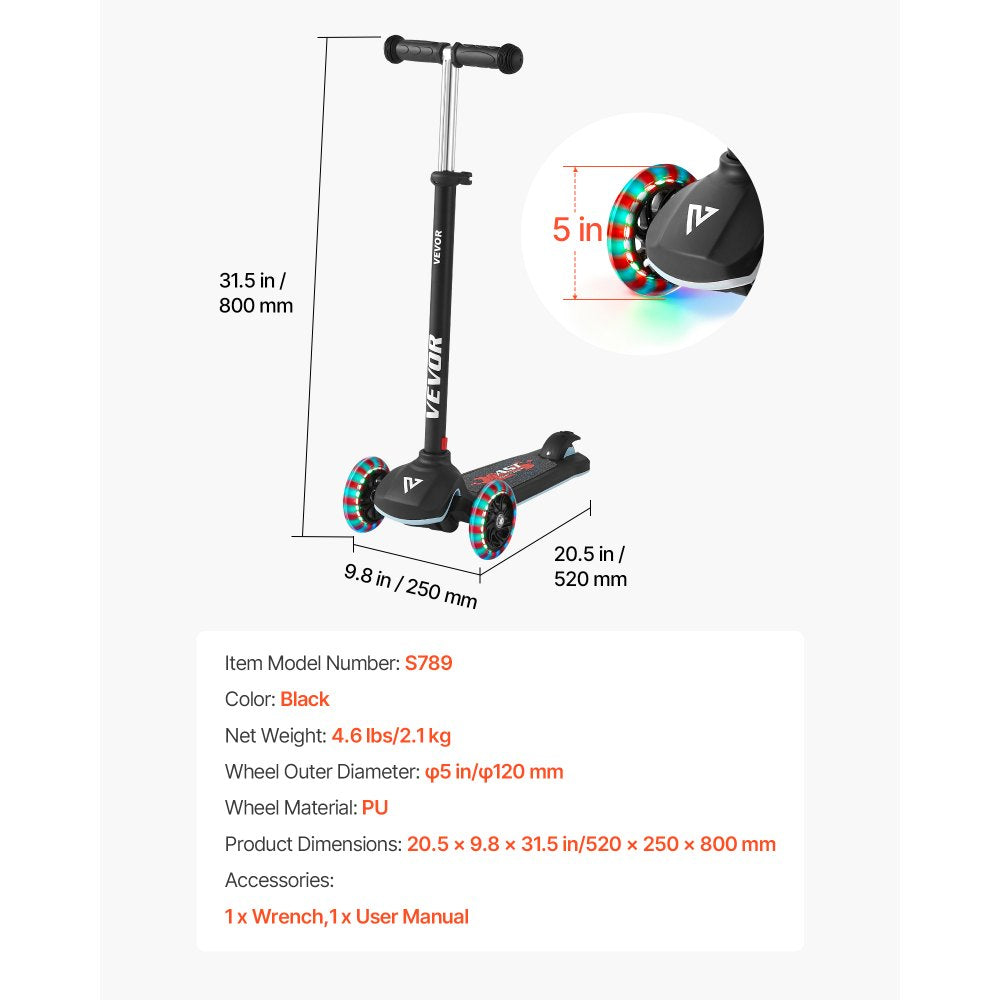 VEVOR Kick Scooter for Kids Ages 3+, 3-Wheel Toddler Scooter with Light-Up Wheels, Adjustable Height Handlebar, Wide Anti-Slip Deck, Lightweight Aluminum Frame for Boys & Girls up to 165 lbs, Black