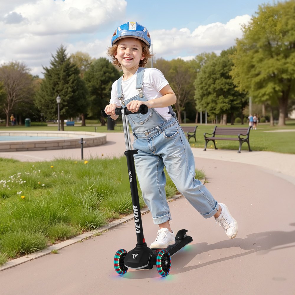 VEVOR Kick Scooter for Kids Ages 3+, 3-Wheel Toddler Scooter with Light-Up Wheels, Adjustable Height Handlebar, Wide Anti-Slip Deck, Lightweight Aluminum Frame for Boys & Girls up to 165 lbs, Black