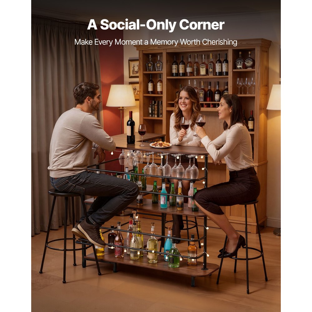 VEVOR Home Bar Unit, L-Shaped Wine Bar Cabinet Table 3-Tier with Storage Shelves, Adjustable Foot Pads, LED Light, Walnut Finish & Metal Frame Liquor Cabinet for Home, Kitchen,Living Room,Pub,Basement