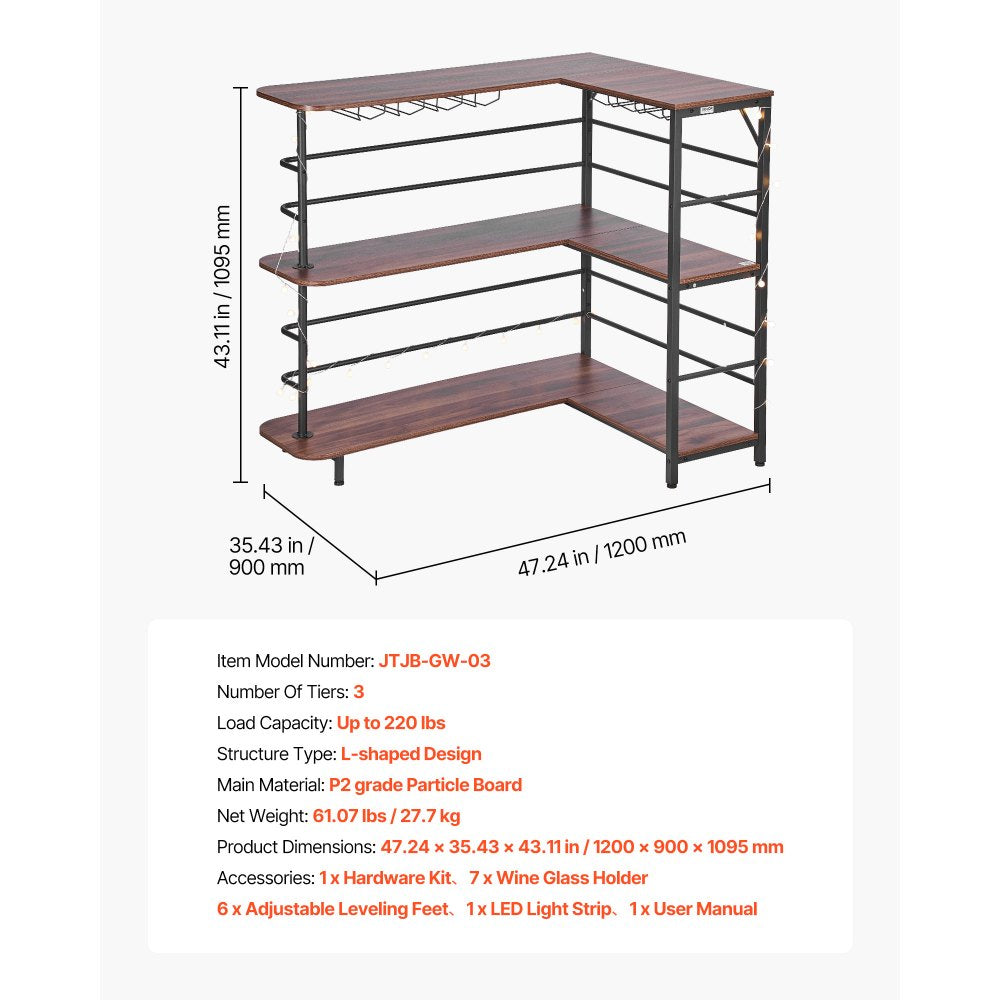 VEVOR Home Bar Unit, L-Shaped Wine Bar Cabinet Table 3-Tier with Storage Shelves, Adjustable Foot Pads, LED Light, Walnut Finish & Metal Frame Liquor Cabinet for Home, Kitchen,Living Room,Pub,Basement