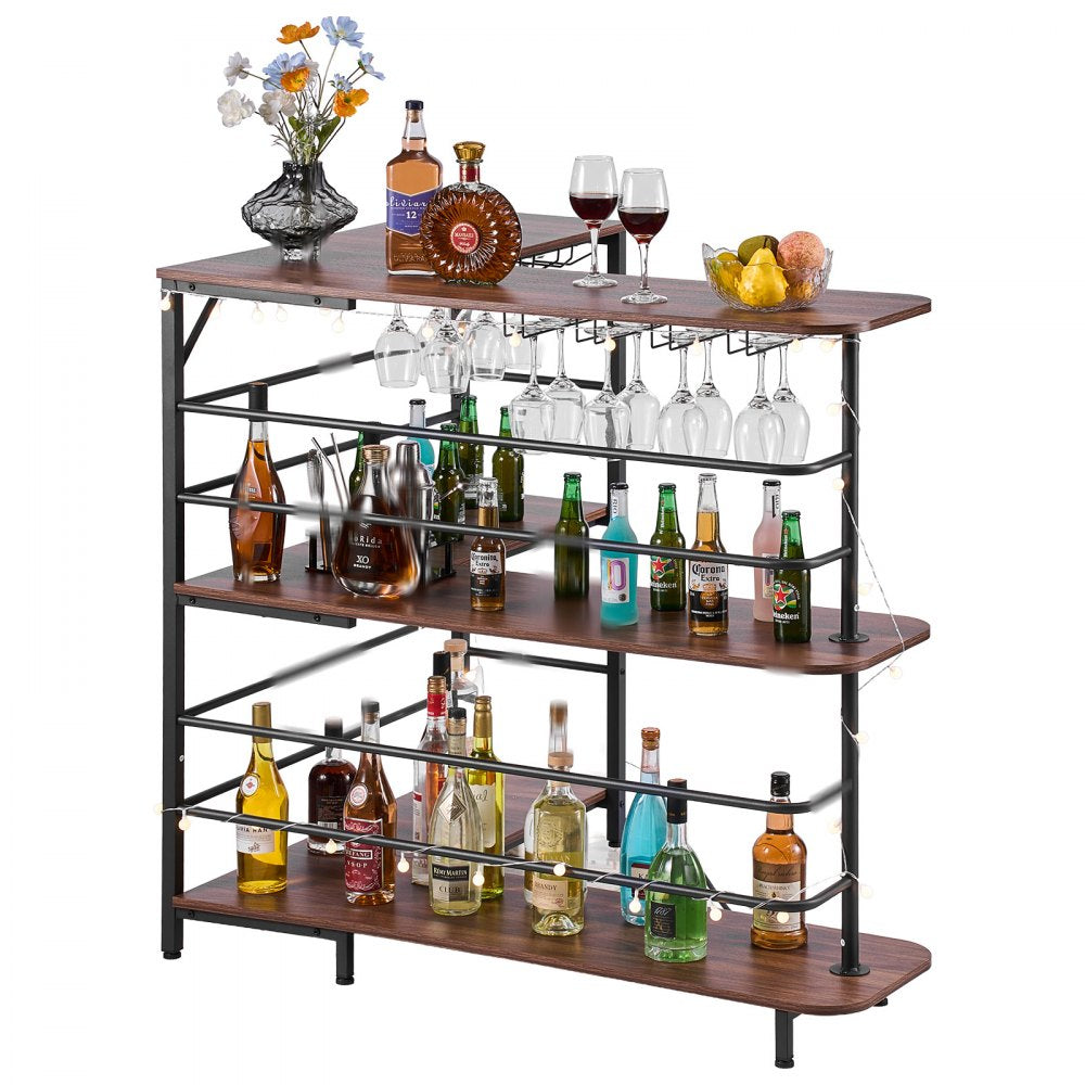 VEVOR Home Bar Unit, L-Shaped Wine Bar Cabinet Table 3-Tier with Storage Shelves, Adjustable Foot Pads, LED Light, Walnut Finish & Metal Frame Liquor Cabinet for Home, Kitchen,Living Room,Pub,Basement