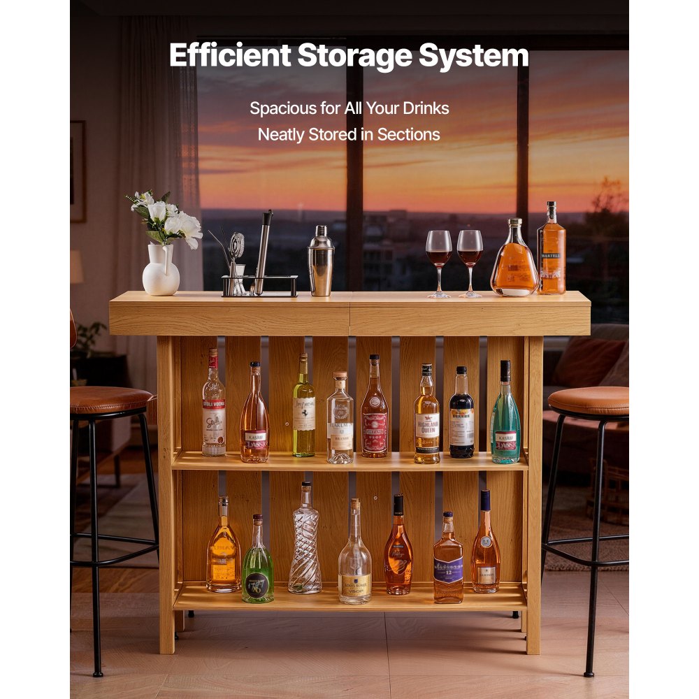 VEVOR Home Bar Unit, Wine Bar Cabinet Table 3-Tier with Storage Shelves, Opener Storage Box & Adjustable Foot Pads, Black Footrest, Wood & Metal Liquor Cabinet for Home, Basement, Kitchen, Living Room