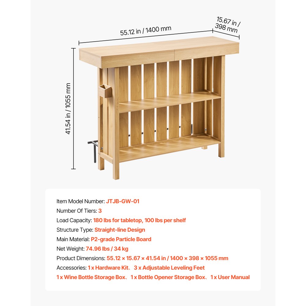 VEVOR Home Bar Unit, Wine Bar Cabinet Table 3-Tier with Storage Shelves, Opener Storage Box & Adjustable Foot Pads, Black Footrest, Wood & Metal Liquor Cabinet for Home, Basement, Kitchen, Living Room