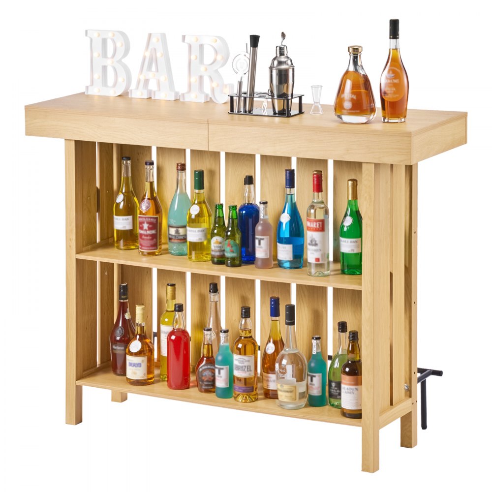 VEVOR Home Bar Unit, Wine Bar Cabinet Table 3-Tier with Storage Shelves, Opener Storage Box & Adjustable Foot Pads, Black Footrest, Wood & Metal Liquor Cabinet for Home, Basement, Kitchen, Living Room