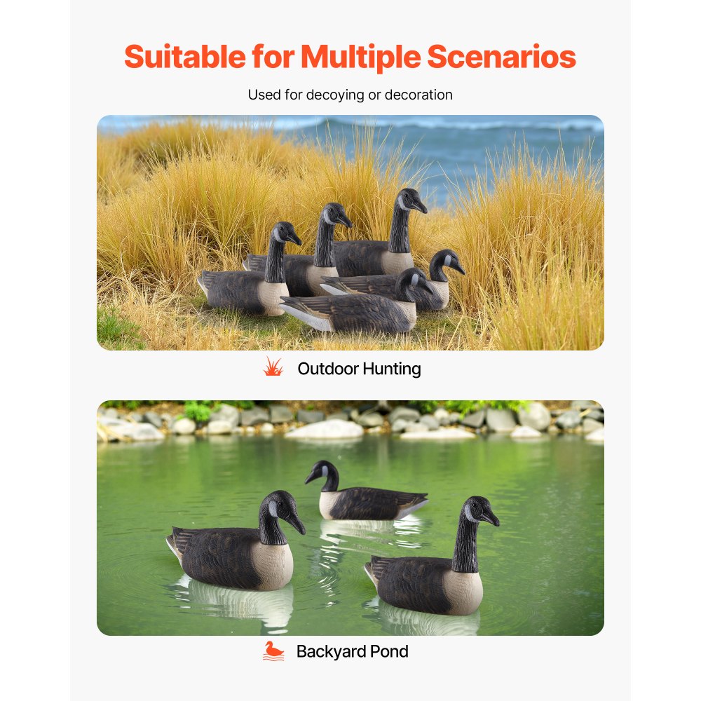 VEVOR Canada Goose Decoys, Outdoors Goose Decoy for Waterfowl Hunting, Durable Plastic Floaters with Ultra Realistic Paint, for Pool, Pond, Lake, Garden Yard Decoration, Easy to Carry and Use, 6-Pack