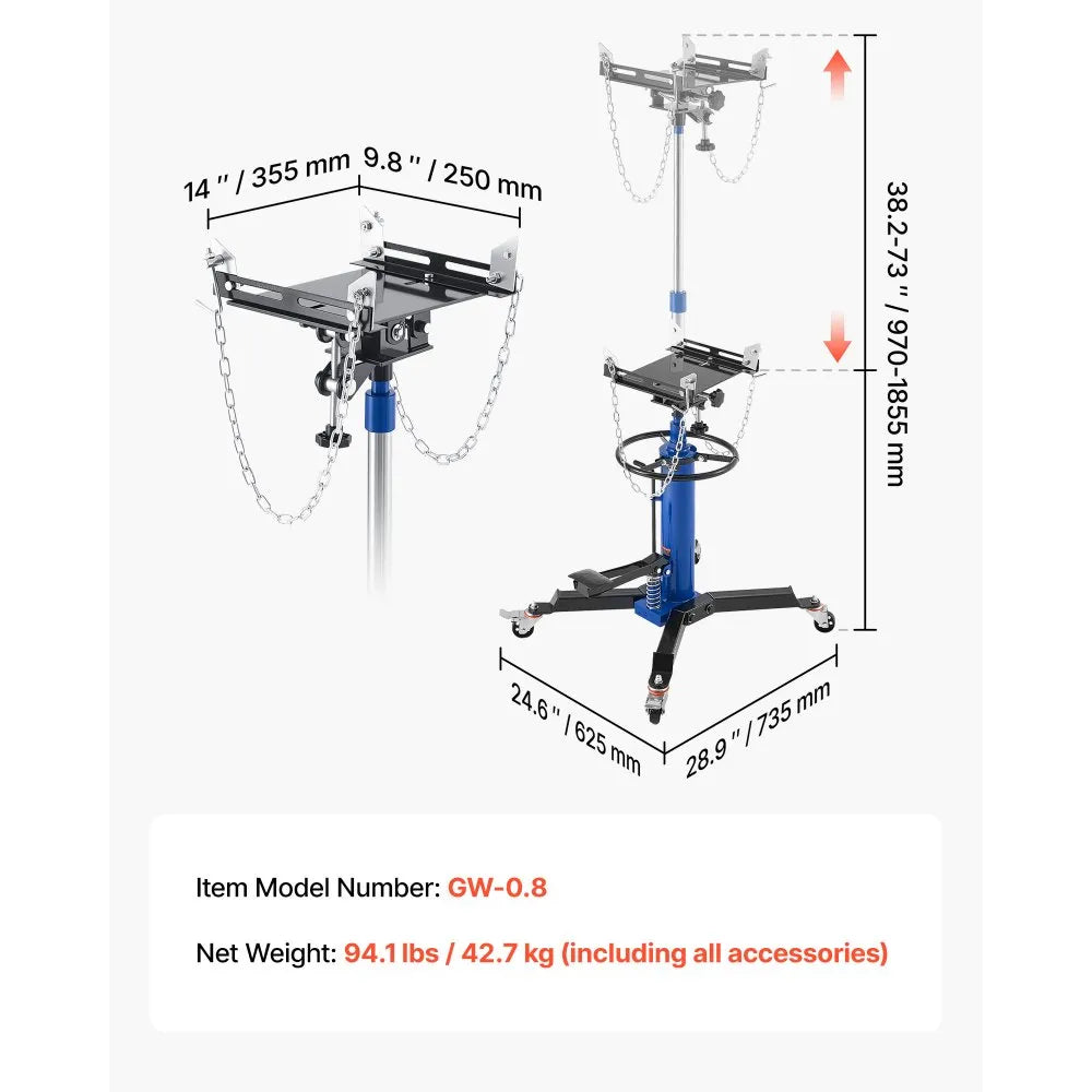 VEVOR Hydraulic Transmission Jack, 1660 lbs / 0.75 Ton Lifting Capacity Telescoping Transmission Jack with Foot Pedal, 360° Swivel Wheel, 34.6-69.3 in High Lifting Height, Lift Hoist for Garage/Shop