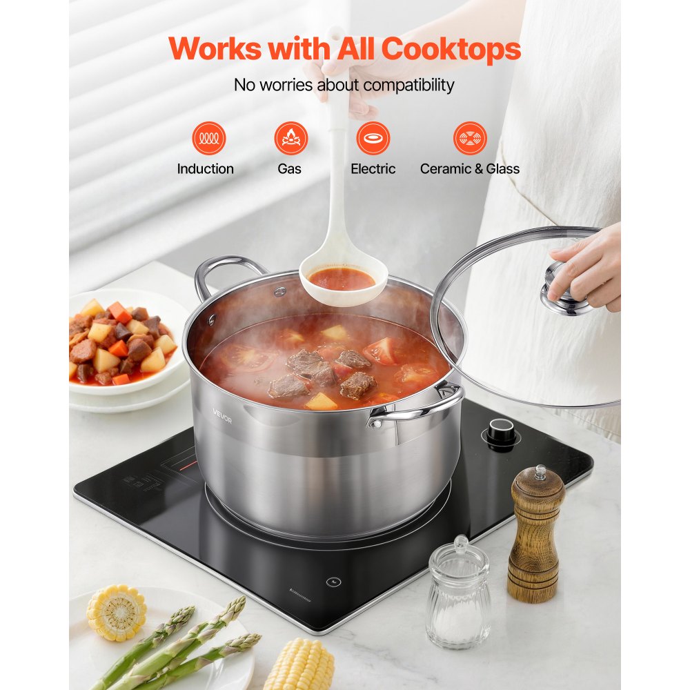 VEVOR Stainless Steel Stock Pot, 12-Quart Stainless Steel Stockpot with Glass Lid, PFOA-Free, PFAS-Free, Compatible with Gas Stoves, Induction Cooktops, Electric Stoves, for Soups, Stews, and Pasta