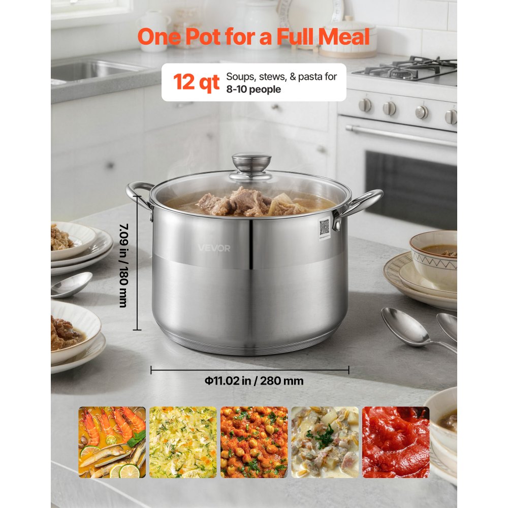 VEVOR Stainless Steel Stock Pot, 12-Quart Stainless Steel Stockpot with Glass Lid, PFOA-Free, PFAS-Free, Compatible with Gas Stoves, Induction Cooktops, Electric Stoves, for Soups, Stews, and Pasta