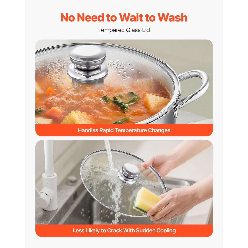 VEVOR Stainless Steel Stock Pot, 12-Quart Stainless Steel Stockpot with Glass Lid, PFOA-Free, PFAS-Free, Compatible with Gas Stoves, Induction Cooktops, Electric Stoves, for Soups, Stews, and Pasta