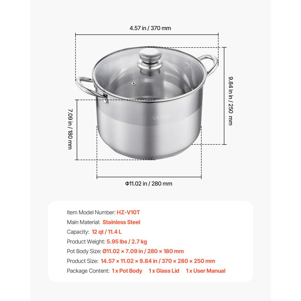 VEVOR Stainless Steel Stock Pot, 12-Quart Stainless Steel Stockpot with Glass Lid, PFOA-Free, PFAS-Free, Compatible with Gas Stoves, Induction Cooktops, Electric Stoves, for Soups, Stews, and Pasta