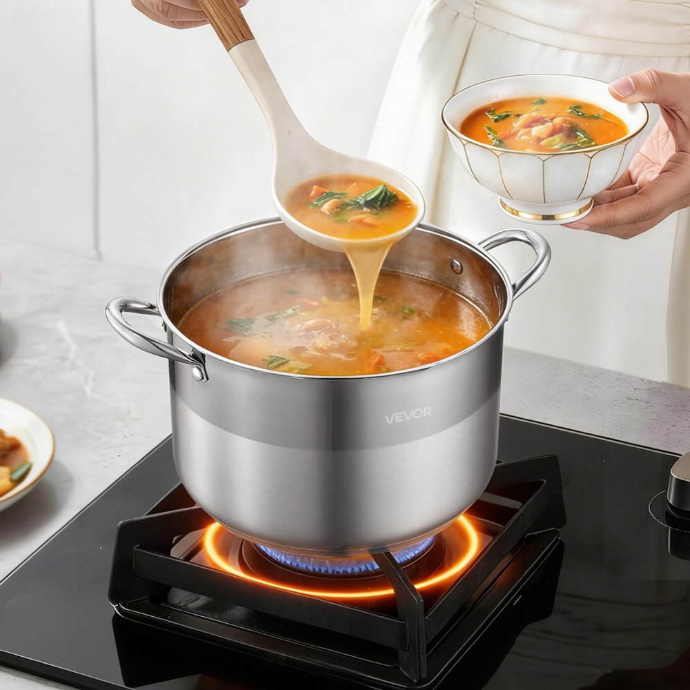 VEVOR Stainless Steel Stock Pot, 12-Quart Stainless Steel Stockpot with Glass Lid, PFOA-Free, PFAS-Free, Compatible with Gas Stoves, Induction Cooktops, Electric Stoves, for Soups, Stews, and Pasta