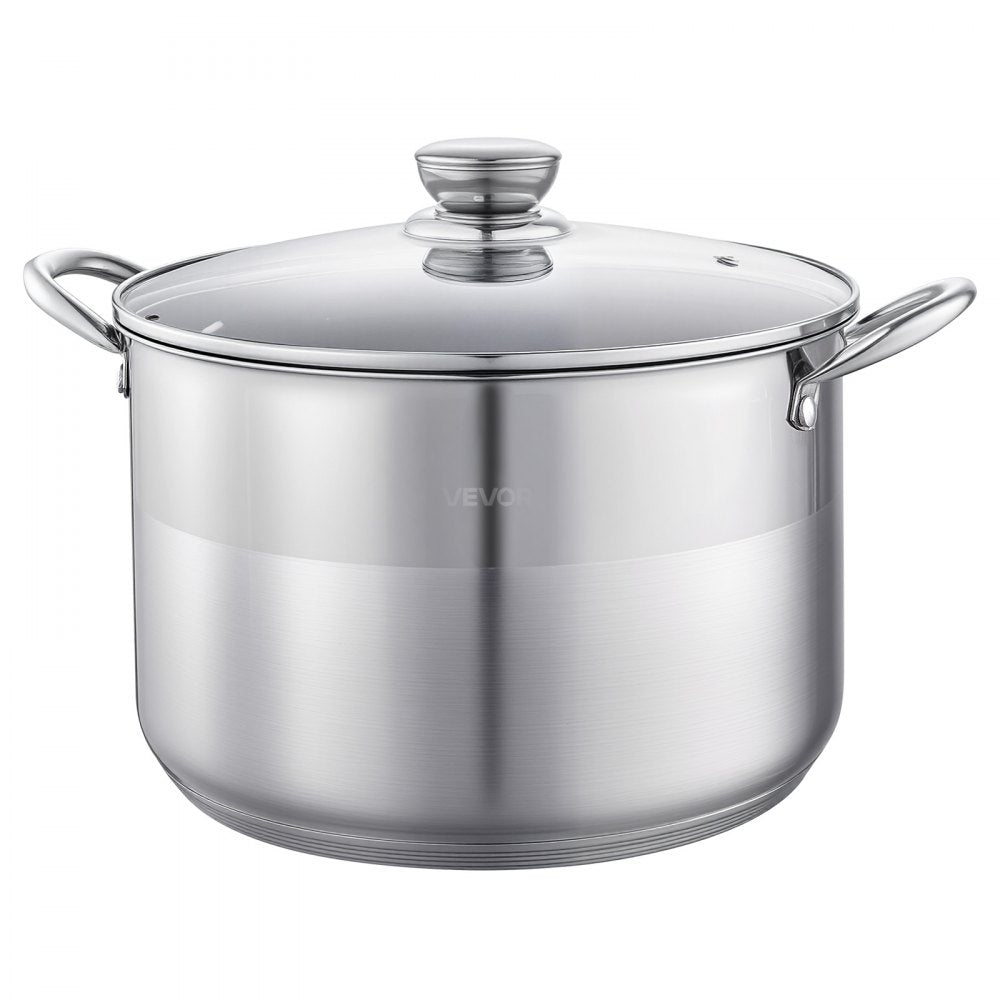 VEVOR Stainless Steel Stock Pot, 12-Quart Stainless Steel Stockpot with Glass Lid, PFOA-Free, PFAS-Free, Compatible with Gas Stoves, Induction Cooktops, Electric Stoves, for Soups, Stews, and Pasta