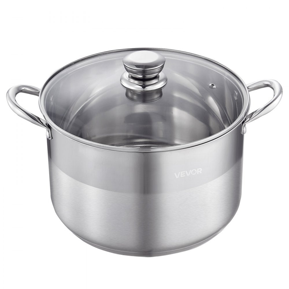 VEVOR Stainless Steel Stock Pot, 12-Quart Stainless Steel Stockpot with Glass Lid, PFOA-Free, PFAS-Free, Compatible with Gas Stoves, Induction Cooktops, Electric Stoves, for Soups, Stews, and Pasta