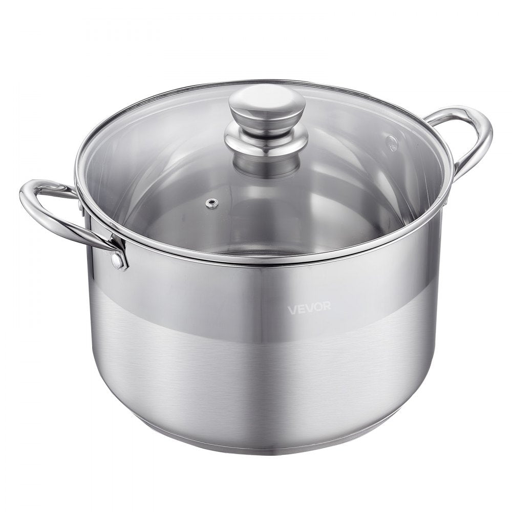 VEVOR Stainless Steel Stock Pot, 12-Quart Stainless Steel Stockpot with Glass Lid, PFOA-Free, PFAS-Free, Compatible with Gas Stoves, Induction Cooktops, Electric Stoves, for Soups, Stews, and Pasta