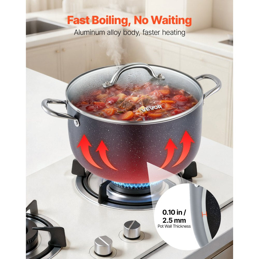 VEVOR Aluminum Stock Pot, 12-Quart Nonstick Ceramic Coated Pot with Glass Lid, PFOA-Free, PFAS-Free, Compatible with Gas Stoves, Induction Cooktops, Electric Stoves, for Soups, Stews, and Pasta