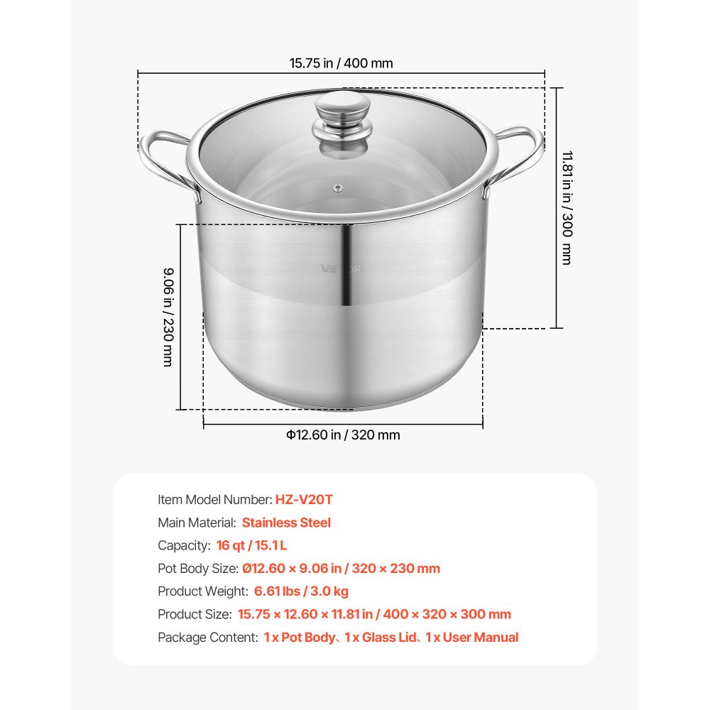 VEVOR Stainless Steel Stock Pot, 16-Quart Stainless Steel Stockpot with Glass Lid, PFOA-Free, PFAS-Free, Compatible with Gas Stoves, Induction Cooktops, Electric Stoves, for Soups, Stews, and Pasta