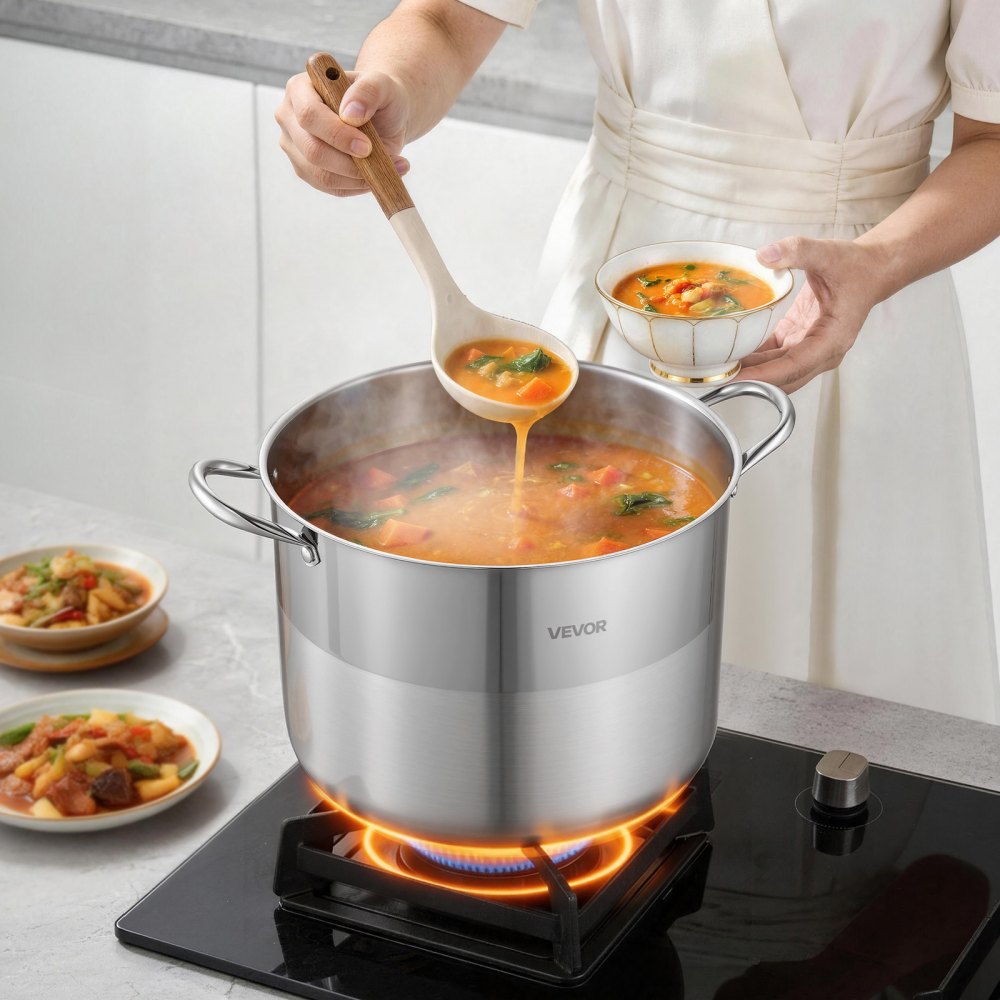 VEVOR Stainless Steel Stock Pot, 16-Quart Stainless Steel Stockpot with Glass Lid, PFOA-Free, PFAS-Free, Compatible with Gas Stoves, Induction Cooktops, Electric Stoves, for Soups, Stews, and Pasta
