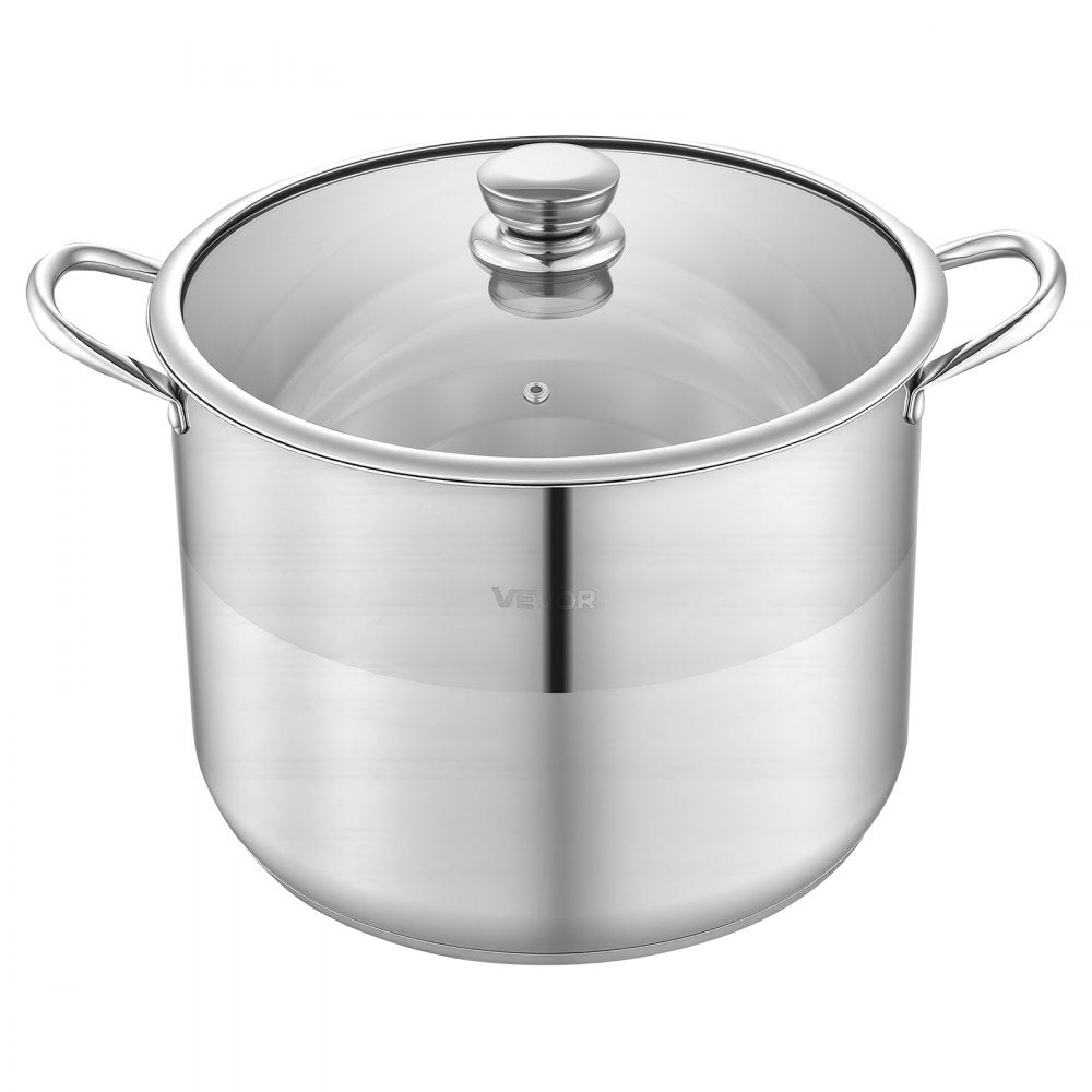VEVOR Stainless Steel Stock Pot, 16-Quart Stainless Steel Stockpot with Glass Lid, PFOA-Free, PFAS-Free, Compatible with Gas Stoves, Induction Cooktops, Electric Stoves, for Soups, Stews, and Pasta