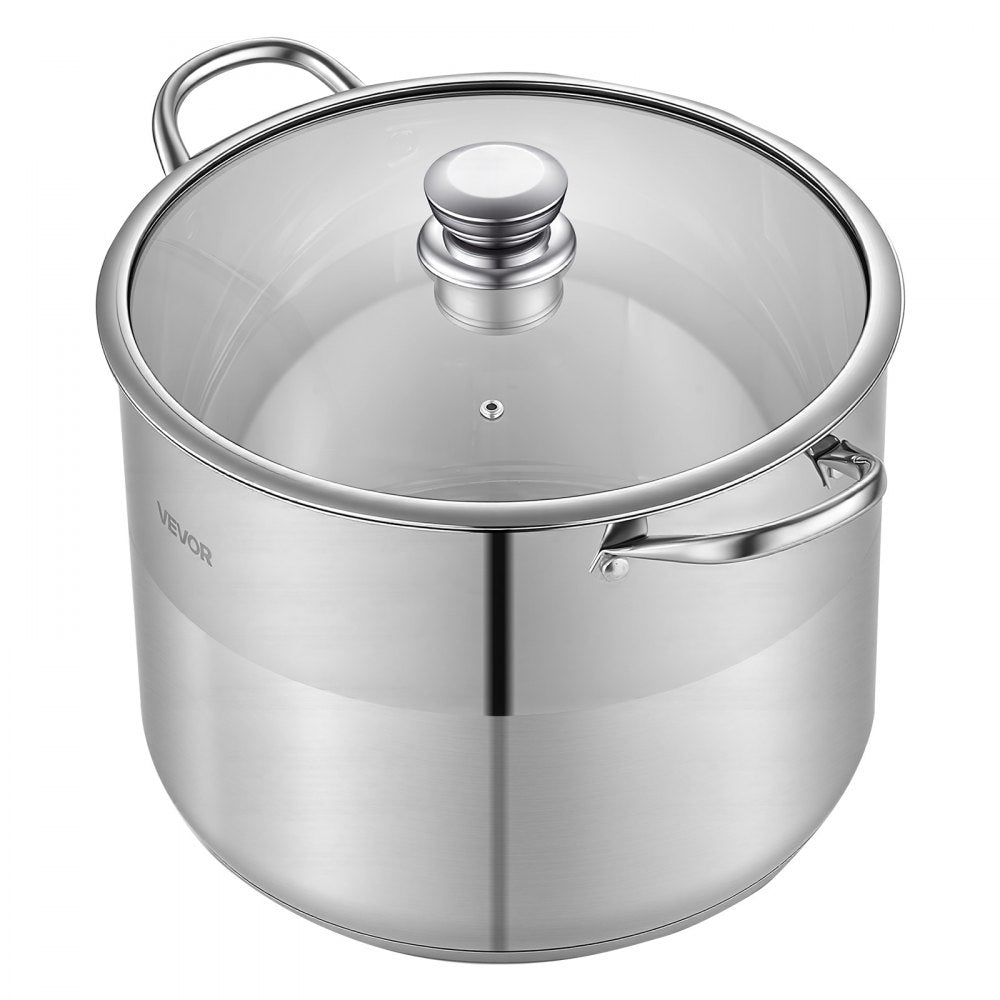 VEVOR Stainless Steel Stock Pot, 16-Quart Stainless Steel Stockpot with Glass Lid, PFOA-Free, PFAS-Free, Compatible with Gas Stoves, Induction Cooktops, Electric Stoves, for Soups, Stews, and Pasta