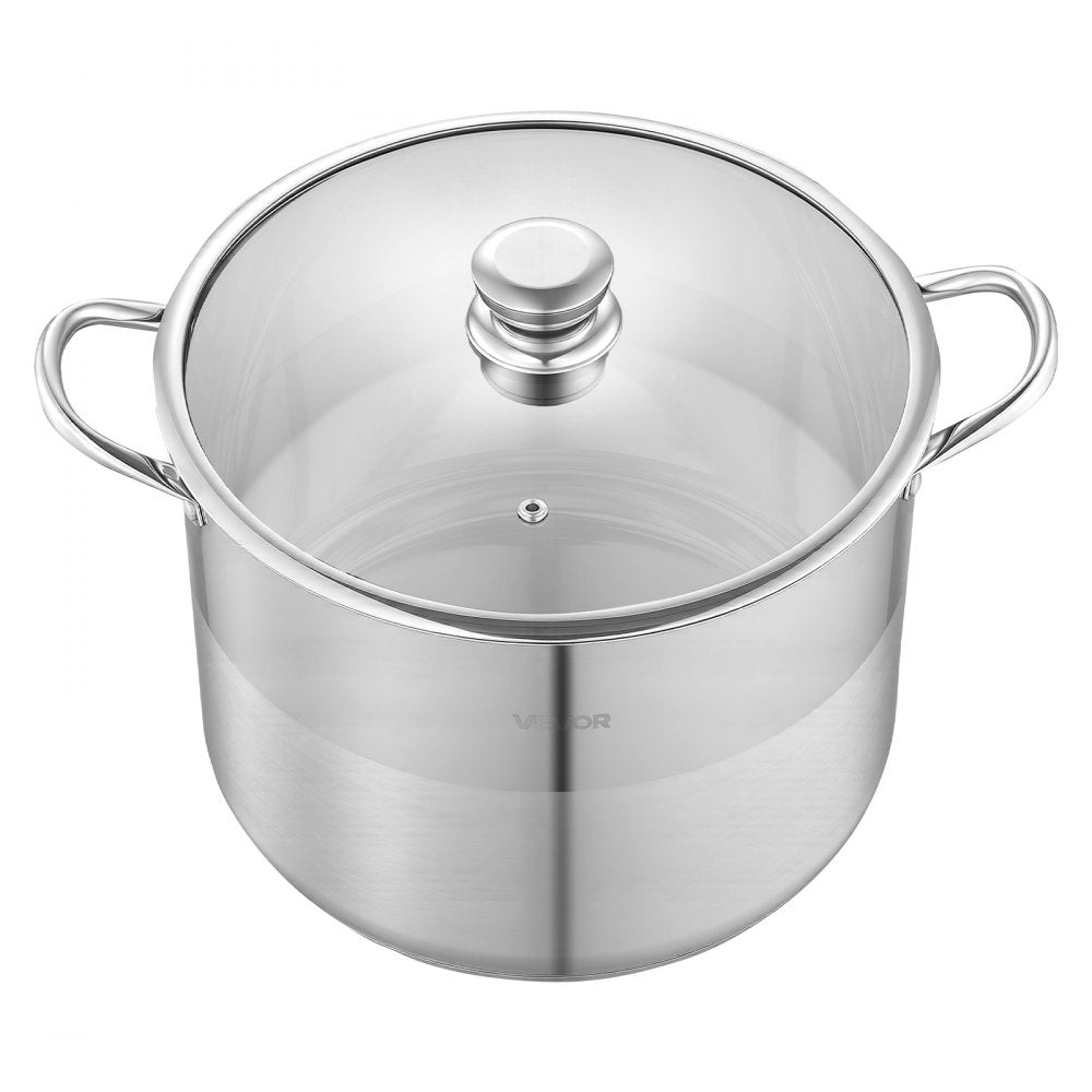 VEVOR Stainless Steel Stock Pot, 16-Quart Stainless Steel Stockpot with Glass Lid, PFOA-Free, PFAS-Free, Compatible with Gas Stoves, Induction Cooktops, Electric Stoves, for Soups, Stews, and Pasta