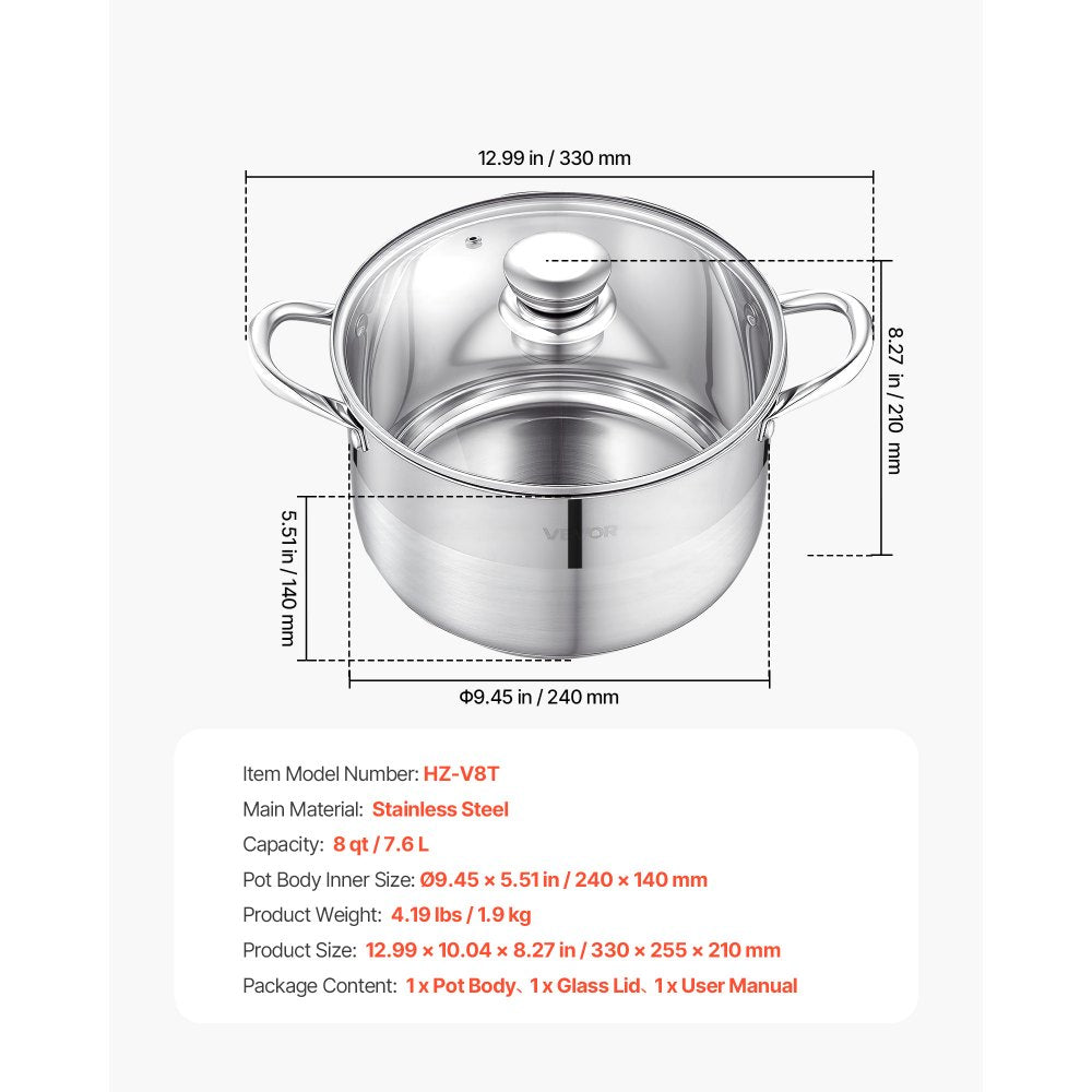 VEVOR Stainless Steel Stock Pot, 8-Quart Stainless Steel Stockpot with Glass Lid, PFOA-Free, PFAS-Free, Compatible with Gas Stoves, Induction Cooktops, Electric Stoves, for Soups, Stews, and Pasta