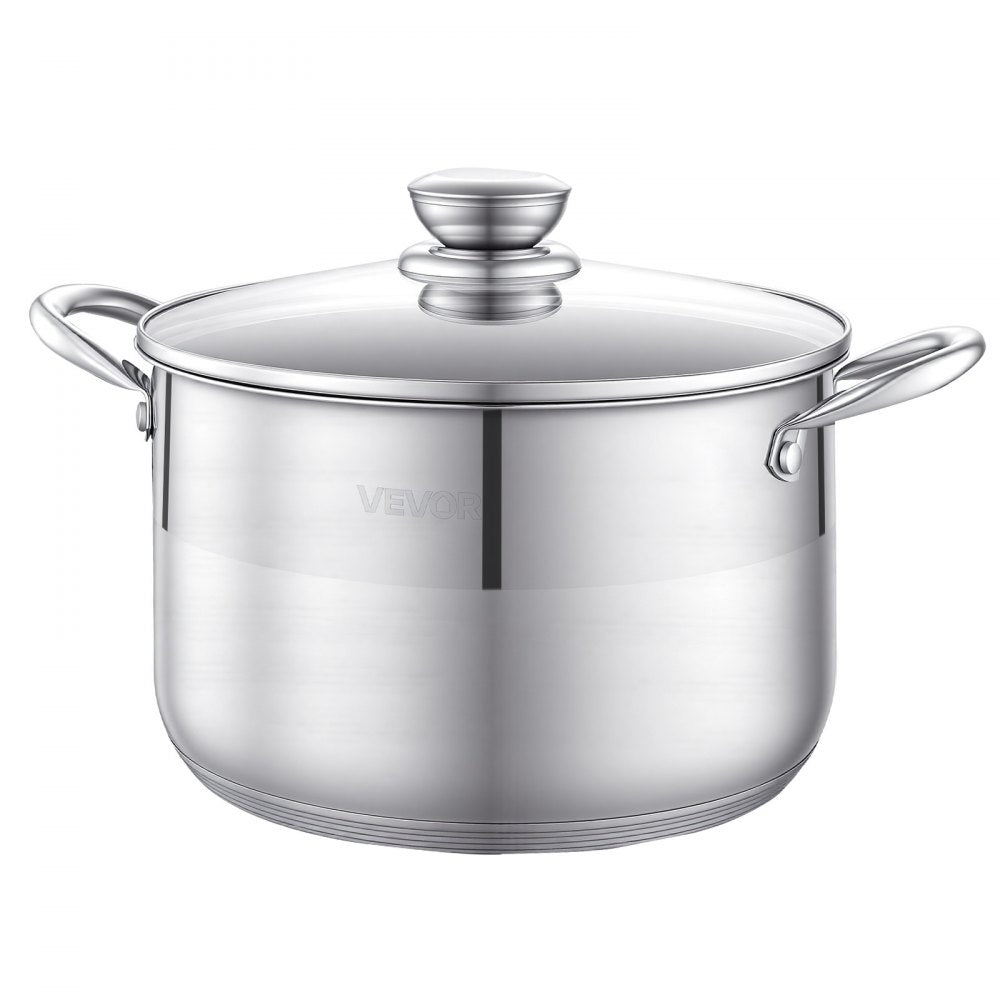 VEVOR Stainless Steel Stock Pot, 8-Quart Stainless Steel Stockpot with Glass Lid, PFOA-Free, PFAS-Free, Compatible with Gas Stoves, Induction Cooktops, Electric Stoves, for Soups, Stews, and Pasta