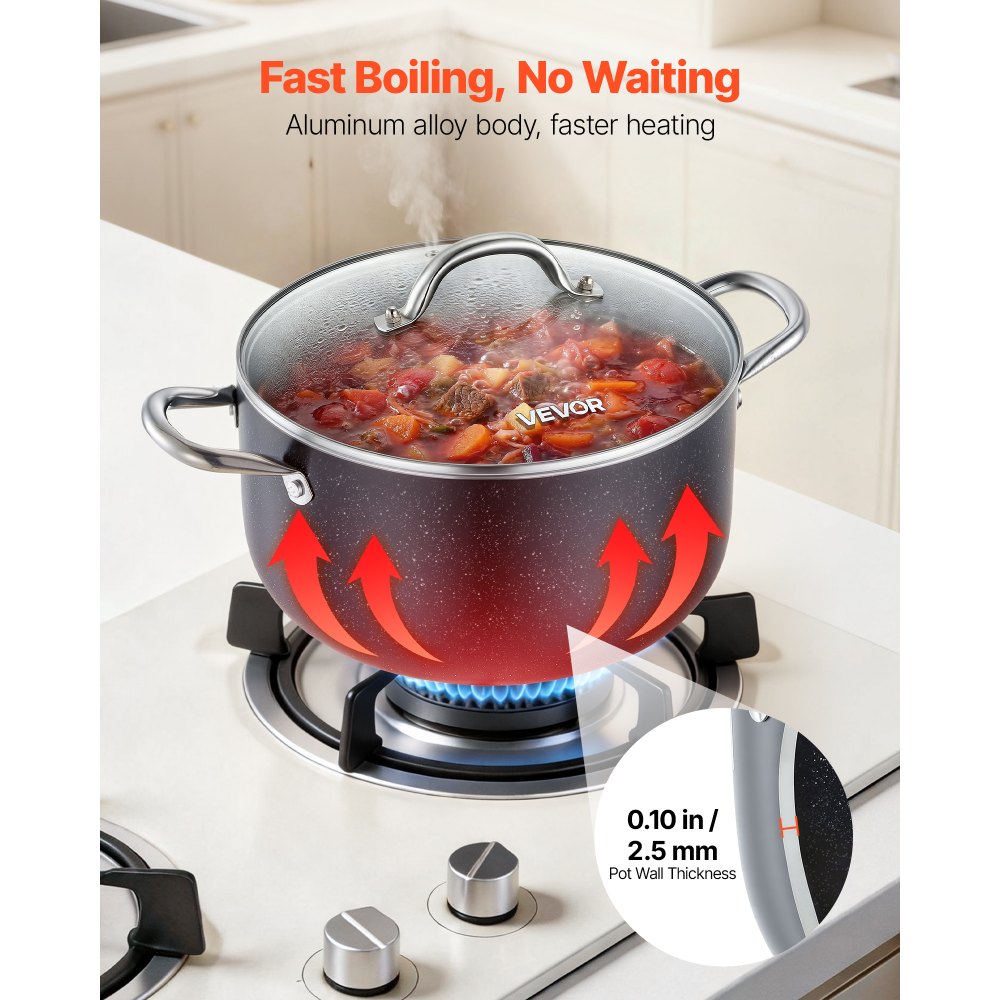 VEVOR Aluminum Stock Pot, 8-Quart Nonstick Ceramic Coated Pot with Glass Lid, PFOA-Free, PFAS-Free, Compatible with Gas Stoves, Induction Cooktops, Electric Stoves, for Soups, Stews, and Pasta